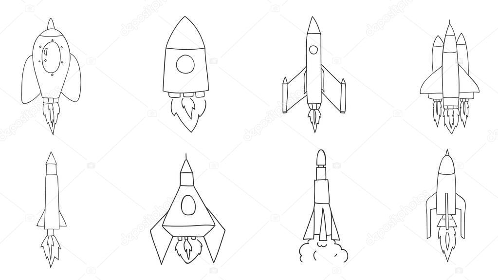 icon Spacecraft rocket thin line hand drawn vector set art illus