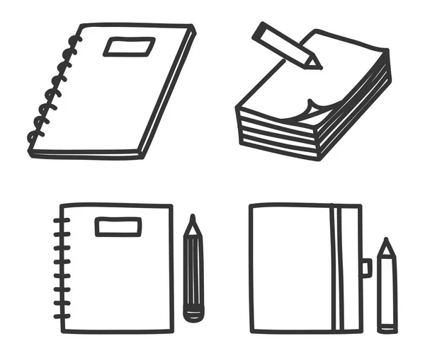 Symbol Notizbuch und Bleistift handgezeichnete Vektor-Set Illustrationen — Stockvektor