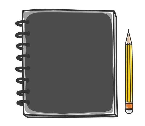 Cuaderno negro y lápiz amarillo ilustración de arte dibujado a mano — Vector de stock
