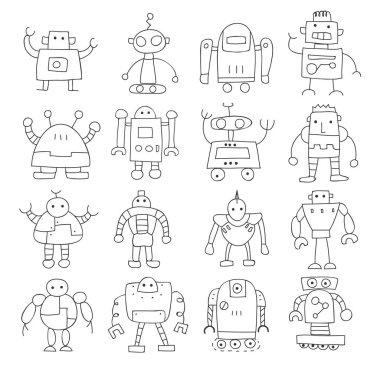 simge ince çizgi robot şirin doodle el çizilmiş vektör sanat illus ayarla