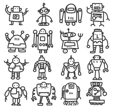 simge robot şirin doodle el çizilmiş vektör sanat illüstrasyon ayarla