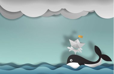 Şirin illus kesmek tekne kağıt sanat kopya alanı vektör kağıt ile balina