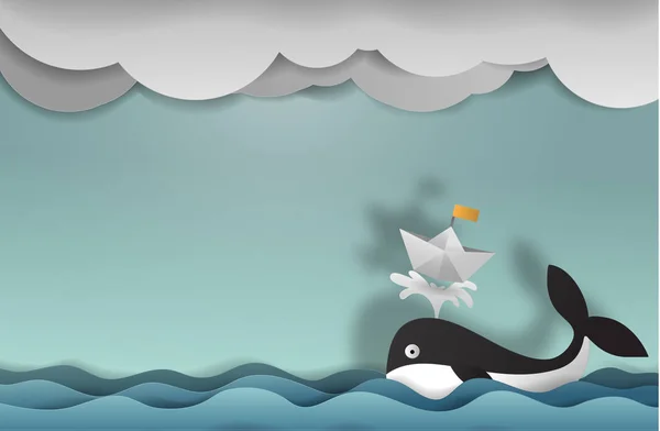 Balena con carta barca arte copia spazio vettoriale carta tagliata simpatico illus — Vettoriale Stock