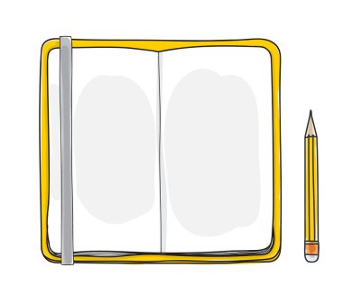 Sarı defter ve kalem elle çizilmiş sevimli vektör çizim