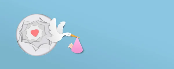 Stork With Baby Girl paper art cute vector paper cut illustratio — Stock Vector
