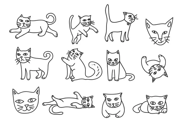 Cute cat hand getrokken pictogram set lijn kunst vectorillustratie — Stockvector