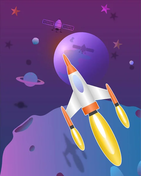 Foguete espacial voando no universo arte bonito arte vetorial papel arte —  Vetores de Stock