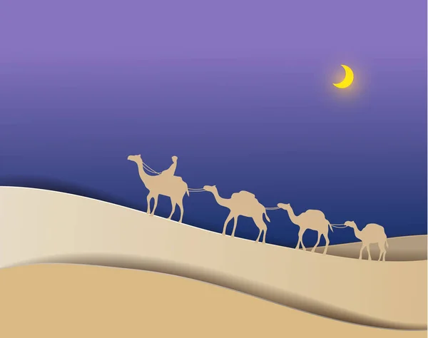 Férfi vegye a tevék a sivatagon at night vektor papír művészet pa — Stock Vector
