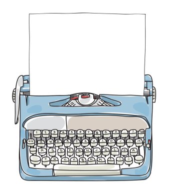 Hafif mavi çalışma daktilo kağıt ile el çizilmiş vektör şirin