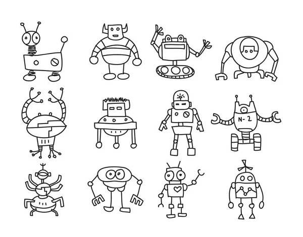 Robots icono lindo mano dibujado vector conjunto línea arte ilustración — Vector de stock