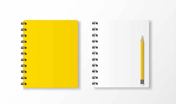 Cuaderno amarillo y lápiz amarillo vista superior sobre escritorio blanco espalda — Archivo Imágenes Vectoriales