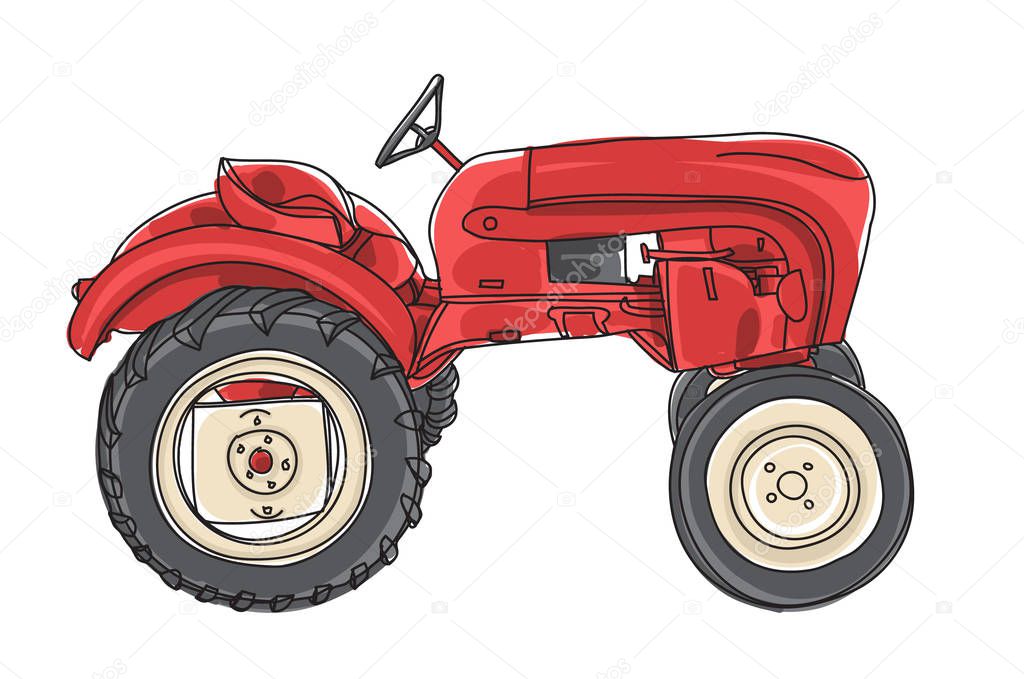 red Tractor  Vintage hand drawn vector art illustration
