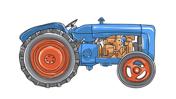 Tractor azul Vintage ilustración de arte vectorial dibujado a mano — Vector de stock