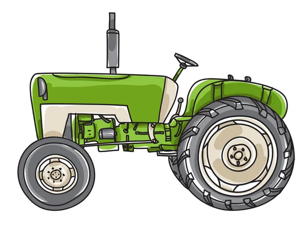 Verde viejo tractor vintage mano dibujado lindo vector línea arte illus — Vector de stock