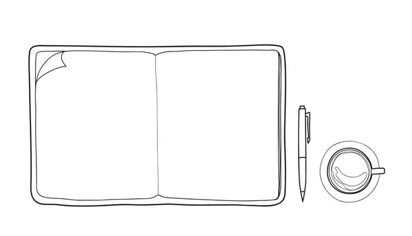 Notebook e xícara de café, caneta, vista superior mão desenhada vetor linha ar — Vetor de Stock