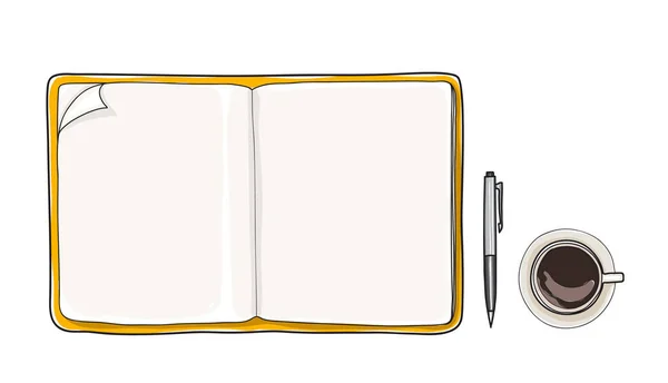 Caderno Amarelo e xícara de café, caneta, vista superior vetor desenhado à mão — Vetor de Stock