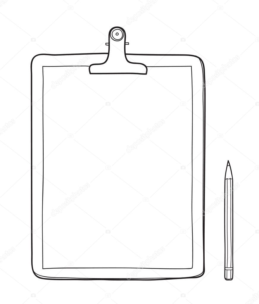 Clipboard with blank paper and a pencil hand drawn vector line a