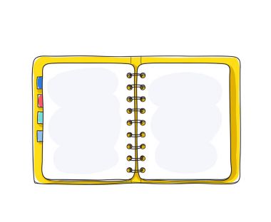 defter sarı kapak elle beyaz arka plan boş kağıt çizilmiş