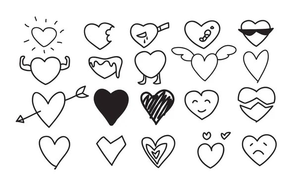 Corazón iconos conjunto dibujado a mano línea vectorial arte lindo ilustraciones — Vector de stock