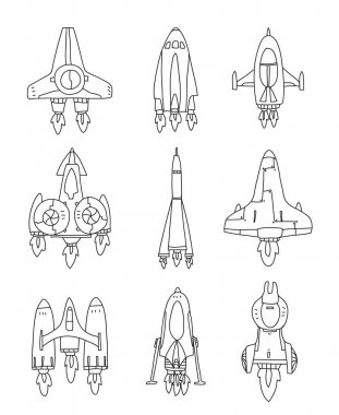 spacecrafts simge elle çizilmiş vektör kümesi satır sanat tasarlamak