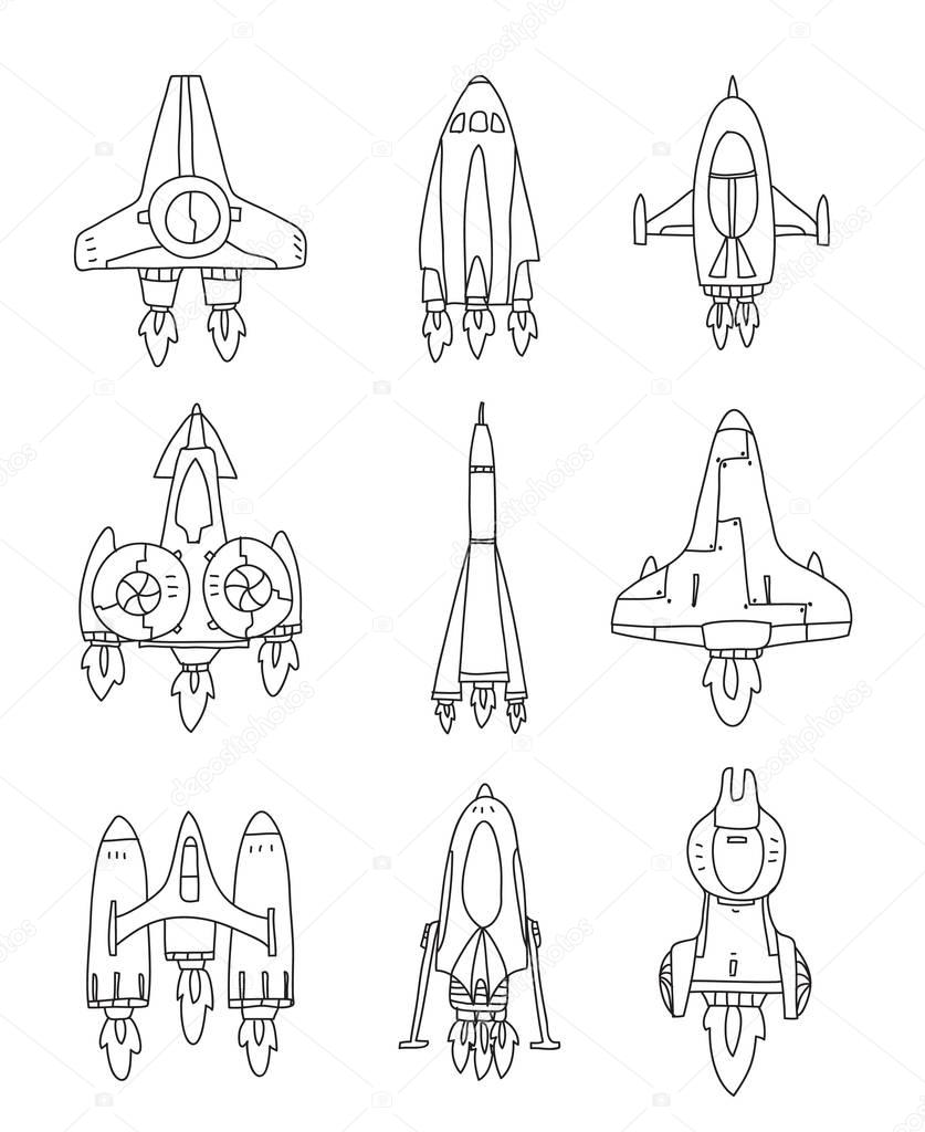 spacecrafts icon hand drawn vector set line art illustration