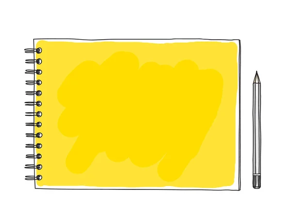 Yellow notebook and gray pencil hand drawn vector art illustrati — Stock Vector