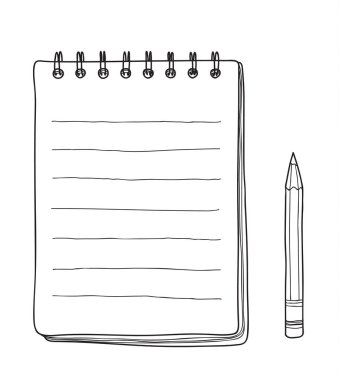 defter kağıt ve kalem elle çizilmiş vektör hat sanat illustrati