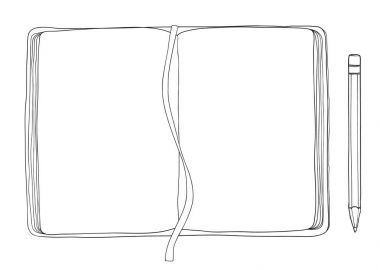 üstten görünüm açık defter ve kalem elle çizilmiş vektör Hat sanatı ben