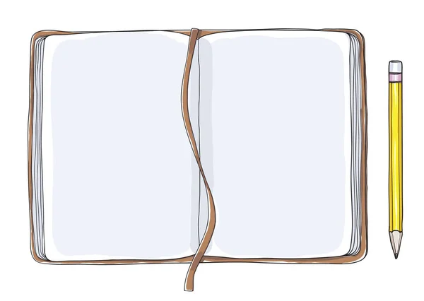 Notebook aperto vista dall'alto e matita gialla arte vettoriale disegnata a mano — Vettoriale Stock