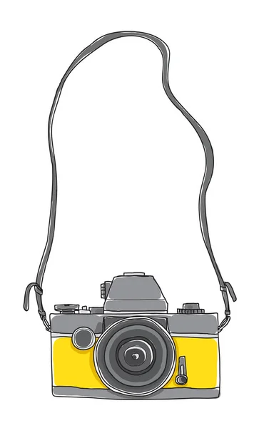 노란 카메라 사랑 스러운 빈티지 손으로 그린 벡터 아트 일러스트 — 스톡 벡터