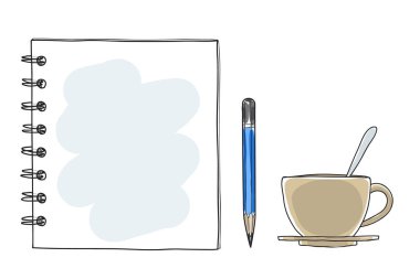 çizilmiş vektör sanat el Notebook Not kağıt kahve Kupası ve kalem 