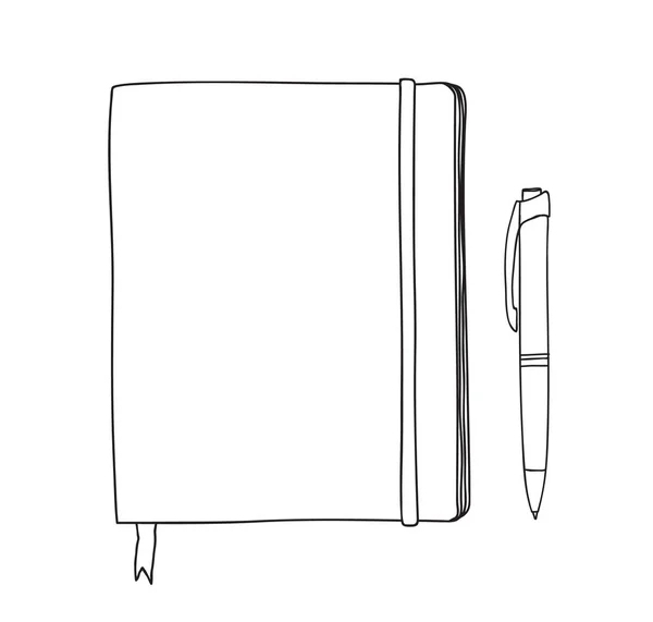 Cuaderno y pluma dibujado a mano ilustración de arte de línea vectorial — Vector de stock