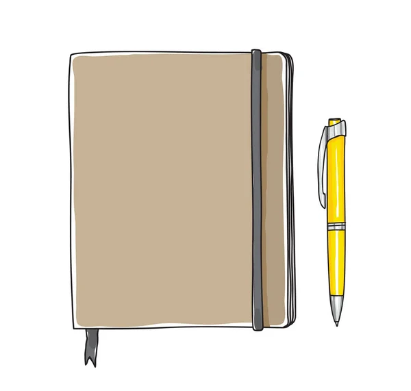 Notizbuch und gelber Stift handgezeichnete Vektorgrafik Illustration — Stockvektor
