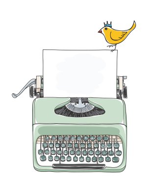 Daktilo kağıt ve sarı kuş el ile taşınabilir retro çizmek