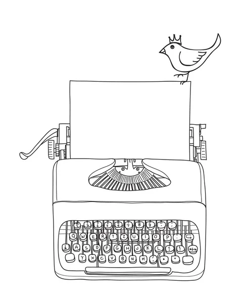 Machine à écrire portable rétro avec papier et dessin à la main oiseau jaune — Image vectorielle