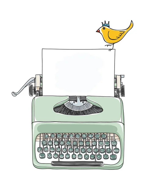 Schreibmaschine tragbares Retro mit Papier und gelber Vogelhand-Zeichnung — Stockvektor