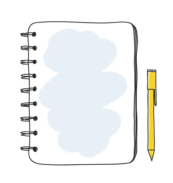 Notebook a žlutá pera ručně kreslenou vektorové umění ilustrace — Stockový vektor