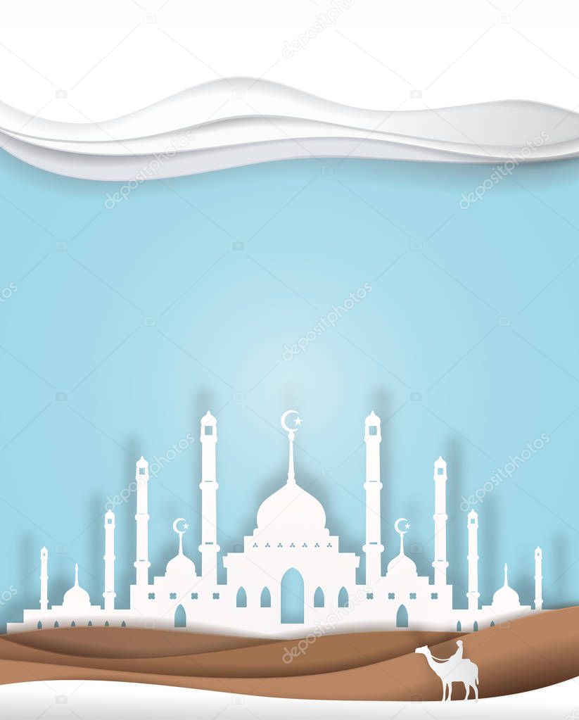 man and camel front of Masjid blue background  vector paper art.