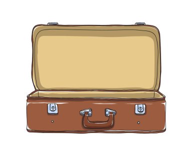 Kahverengi bavul Vintage depolama Bagaj boş ve açık elle çizilmiş