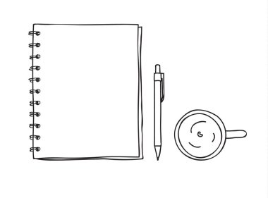 defter ve kalem kahve Kupası sanat elle çizilmiş vektör hat sanat illus