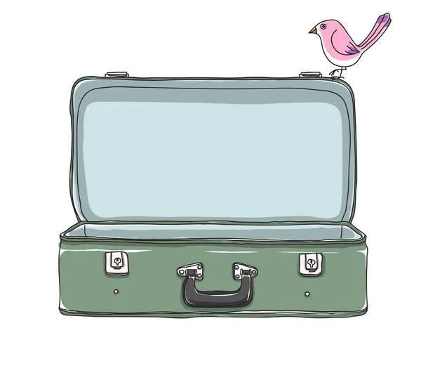 Valise vintage verte et mignon oiseau rangement bagages vide et o — Image vectorielle