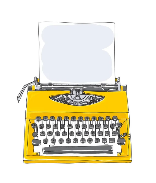 Yellowtypewriter oude hand getrokken met papier leuke kunst illustratie — Stockvector
