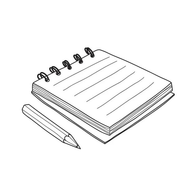 Mini cuaderno y lápiz amarillo dibujado a mano línea arte lindo vector — Vector de stock