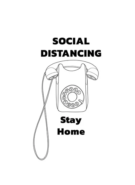 Soziale Distanzierung Und Hause Bleiben Telefon Vintage Handgezeichnete Vektorlinie Kunst — Stockvektor
