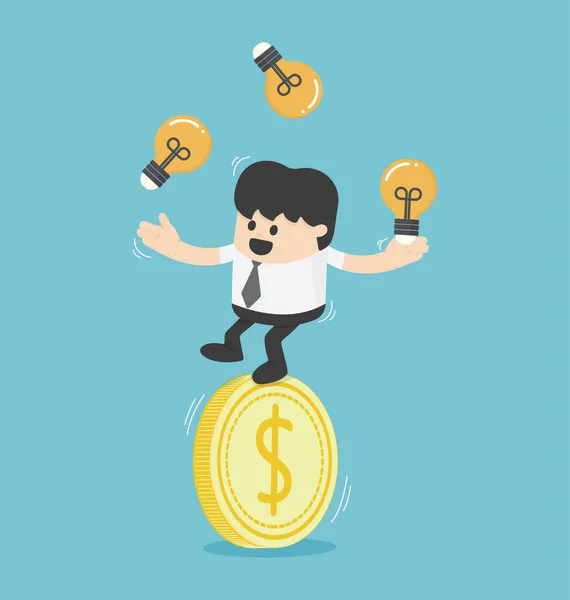 Concept businessman juggling with light bulbs on a dollar coins — Stock Vector
