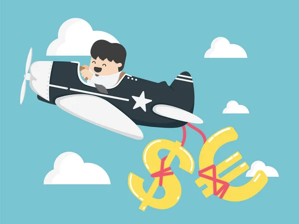 Концептуальний бізнесмен, який літає на літаку, має гроші, долар та євро — стоковий вектор