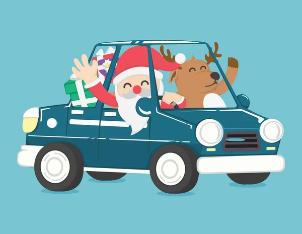 Santa claus conducir un coche lleno de regalo de Navidad — Vector de stock