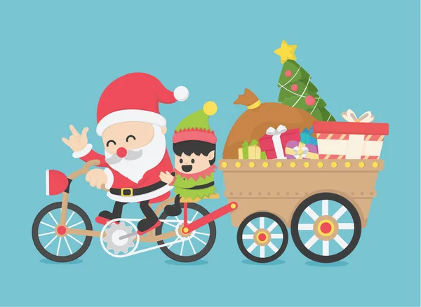 クリスマス サンタ クロース、自転車の運転がある o 一緒に行くエルフ — ストックベクタ