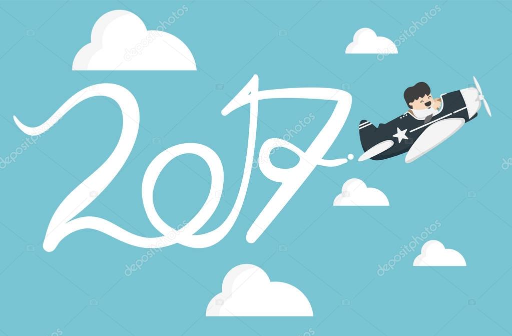 Drawing Airplane in the sky, new Year concept Flat vector clip a