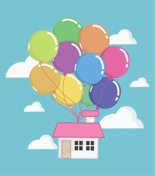 Casa com muitos balões coloridos voando — Vetor de Stock